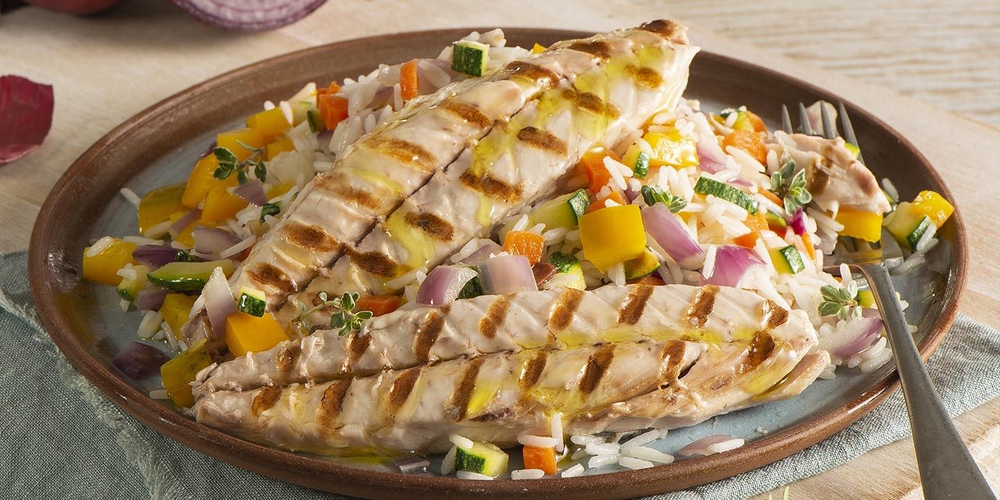 Riso con verdure in agrodolce e Sgombro Grigliato